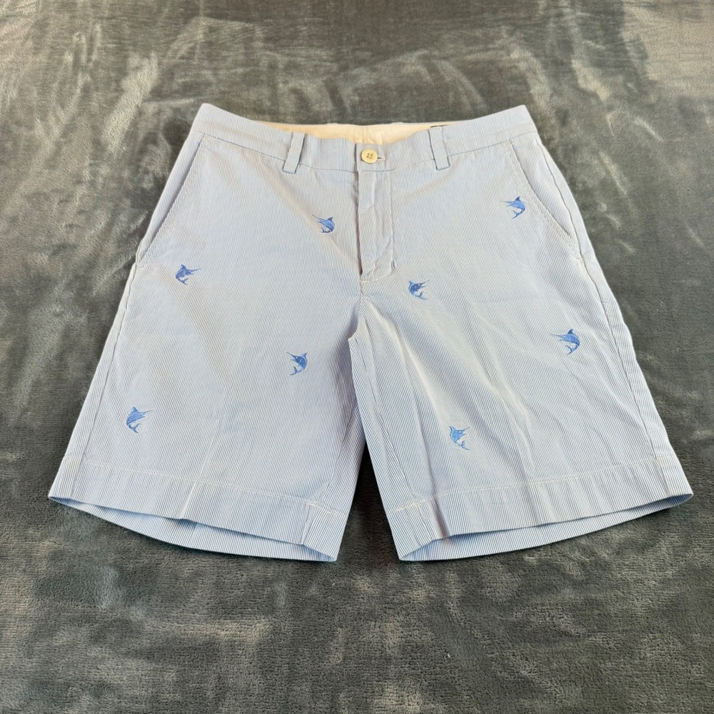 Vineyard Vines Breaker Shorts Mens 30 Blue White Seersucker‎ Marlin Embroidered